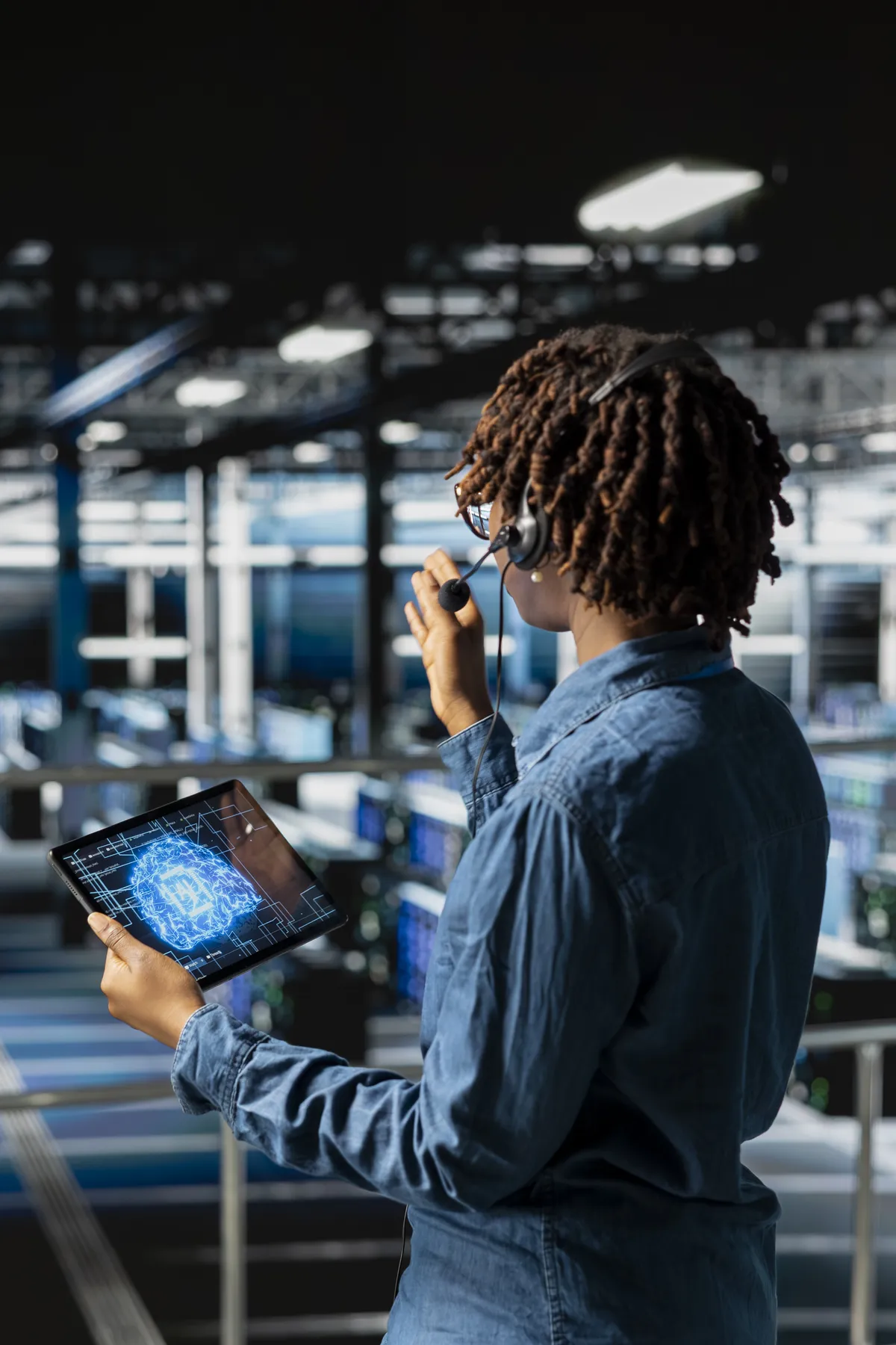 Especialista com headset e tablet em um data center — imagem ilustrativa